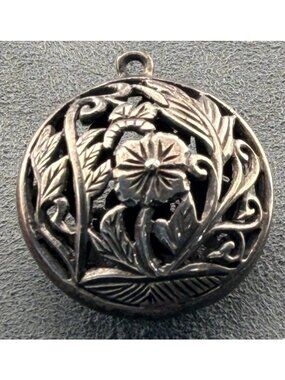 Vintage Victorian Floral Sterling Silver Pendant Puffy Charm Hollow Inside 7/8"